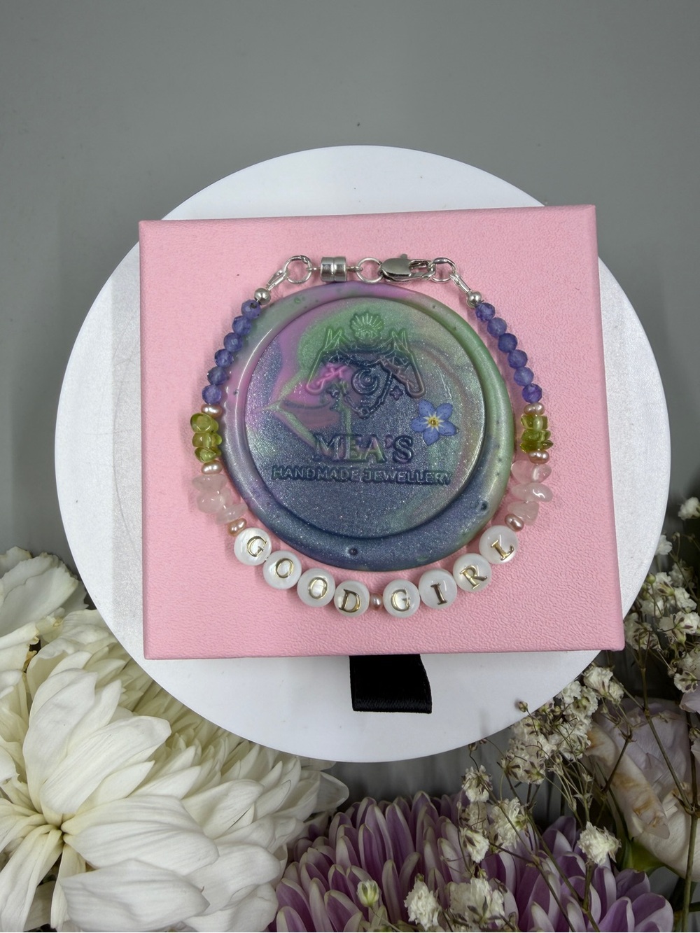 925 Sterling Silver Good Girl Bracelet with Tanzanite, Peridot, Rose Quartz